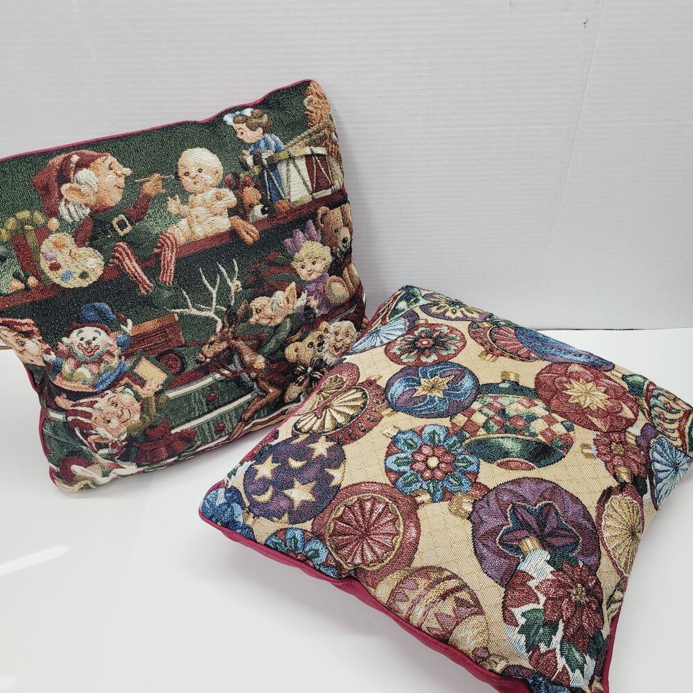 VTG Holiday Ornament Santa Elf Workshop Tapestry Christmas Throw Pillow lot of 2